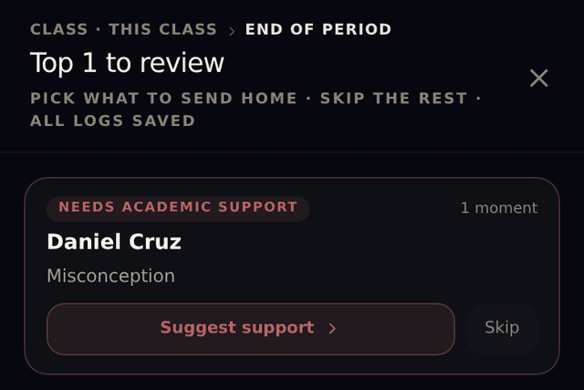 Teacher Supreme app: a parent-ready brief generated at the end of class