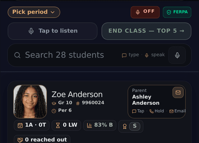 Teacher Supreme app: saying a student’s name brings their card to the top