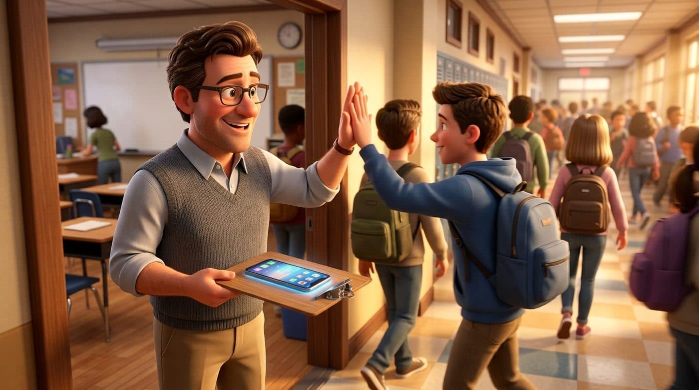 The bell has rung and Mr. Morris stands at the open doorway, high-fiving a student as the class files past into the hallway — his clipboard held level in his other hand with his phone lying screen-up on it, screen glowing soft green with the round he just walked.