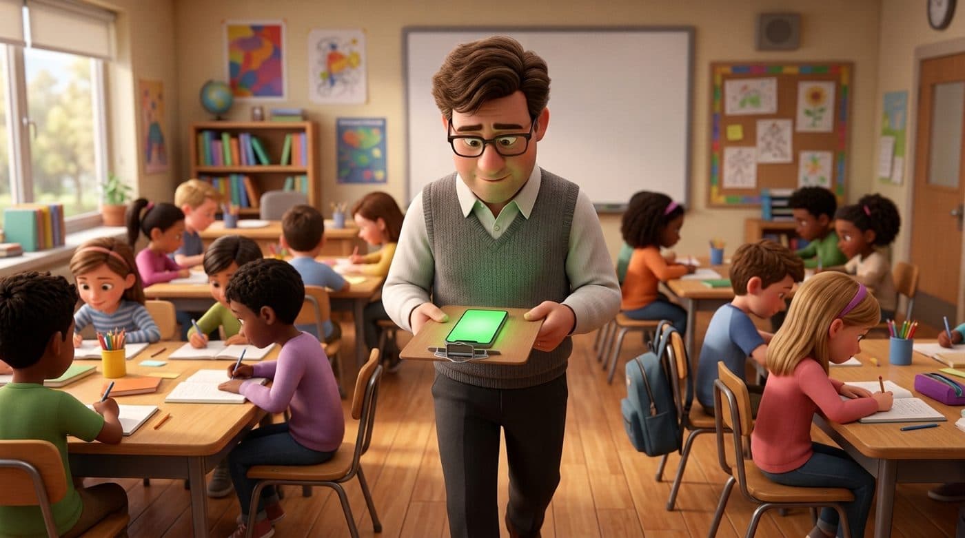 A full classroom during independent practice, seen from above: six tables of students each doing something worth noticing — one explaining a paper step by step, one bent over hard work, one helping a classmate — while Mr. Morris stands in the middle aisle taking it all in, phone glowing green in his lowered hand.