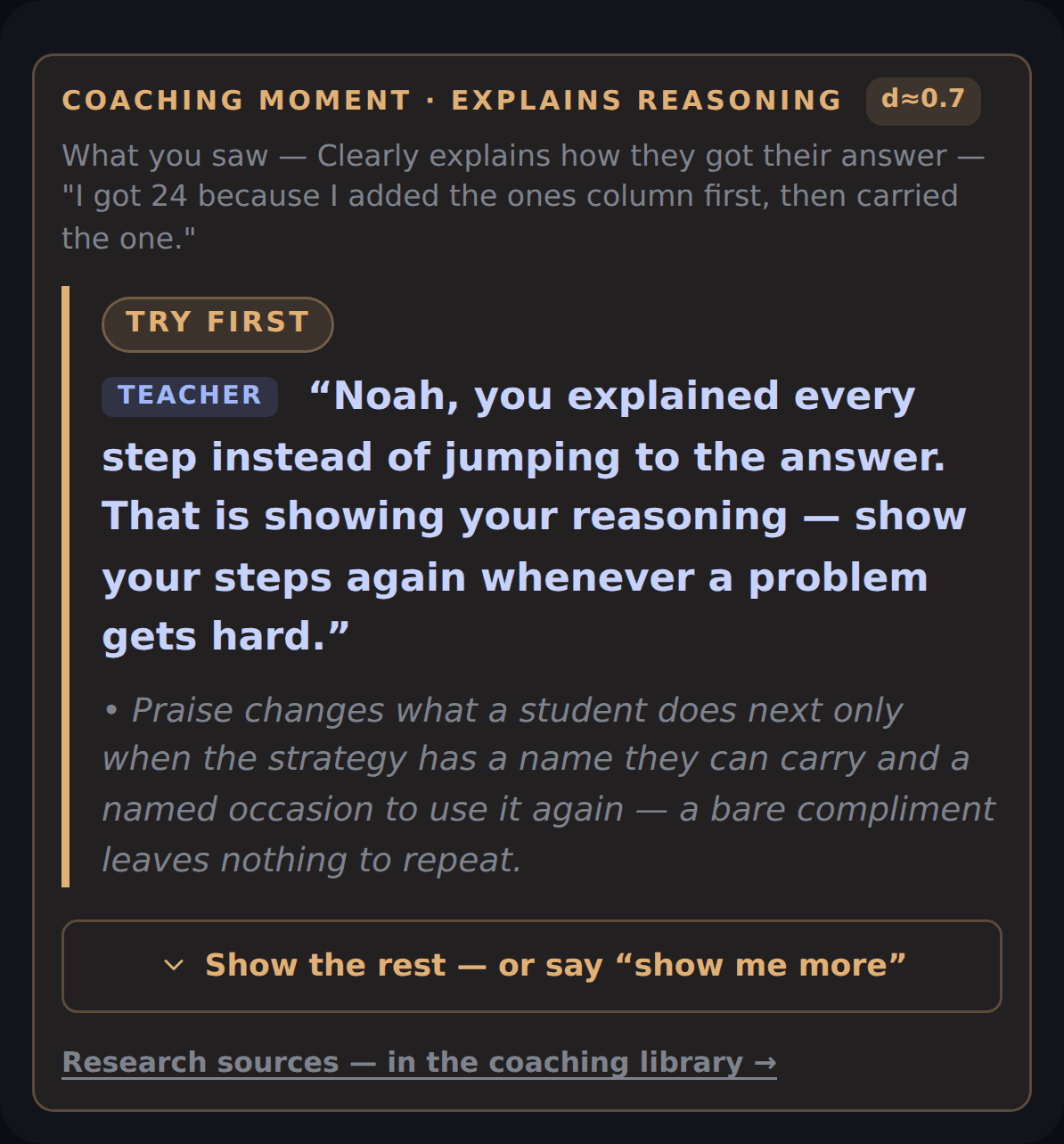 The coaching moment as it renders on the real card: the heading Coaching Moment · Explains Reasoning, an orange TRY FIRST pill, a blue Teacher chip with the exact words to say out loud, the one-line reason it works cited to Mueller & Dweck (1998) process praise, a “Show the rest — or say show me more” control, and the Hattie elaboration and organization effect size.