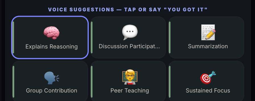 The live voice-suggestion grid on the card, headed “voice suggestions — tap or say you got it”, with Explains Reasoning outlined as the match and Discussion Participation, Summarization, Group Contribution, Peer Teaching and Sustained Focus beside it.